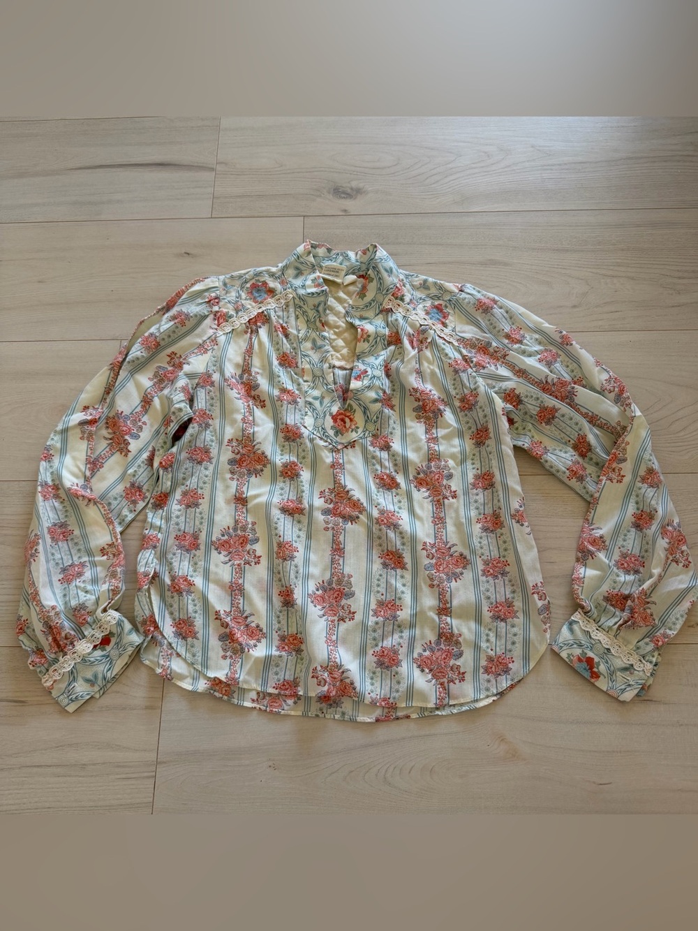 You Babes Vintage Floral Stripe Long-Sleeve Ruffle Neck Blouse